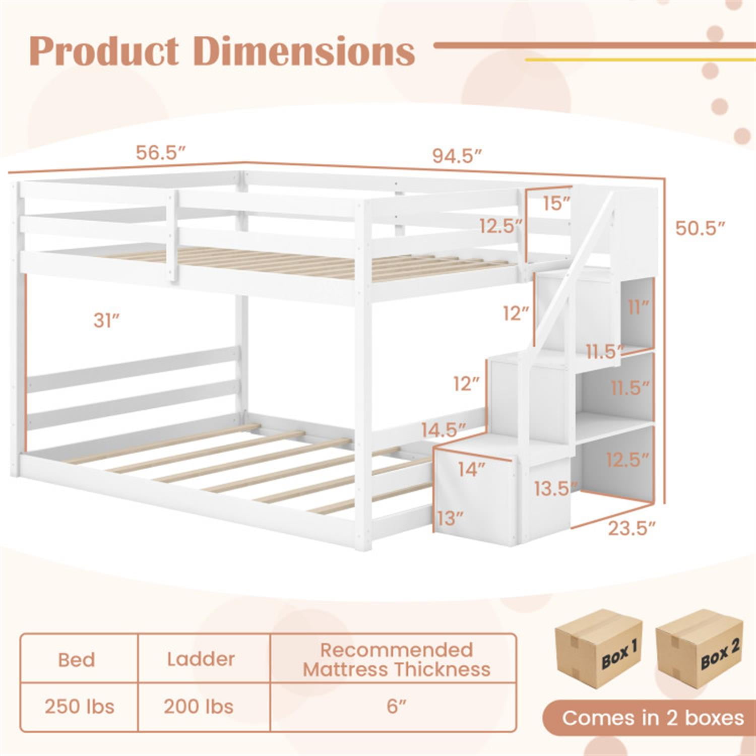 Demi Bonn Full Over Full Bunk Bed with Safety Rail and Storage Stairs, Space-saving Solid Wood Bed Frame, White