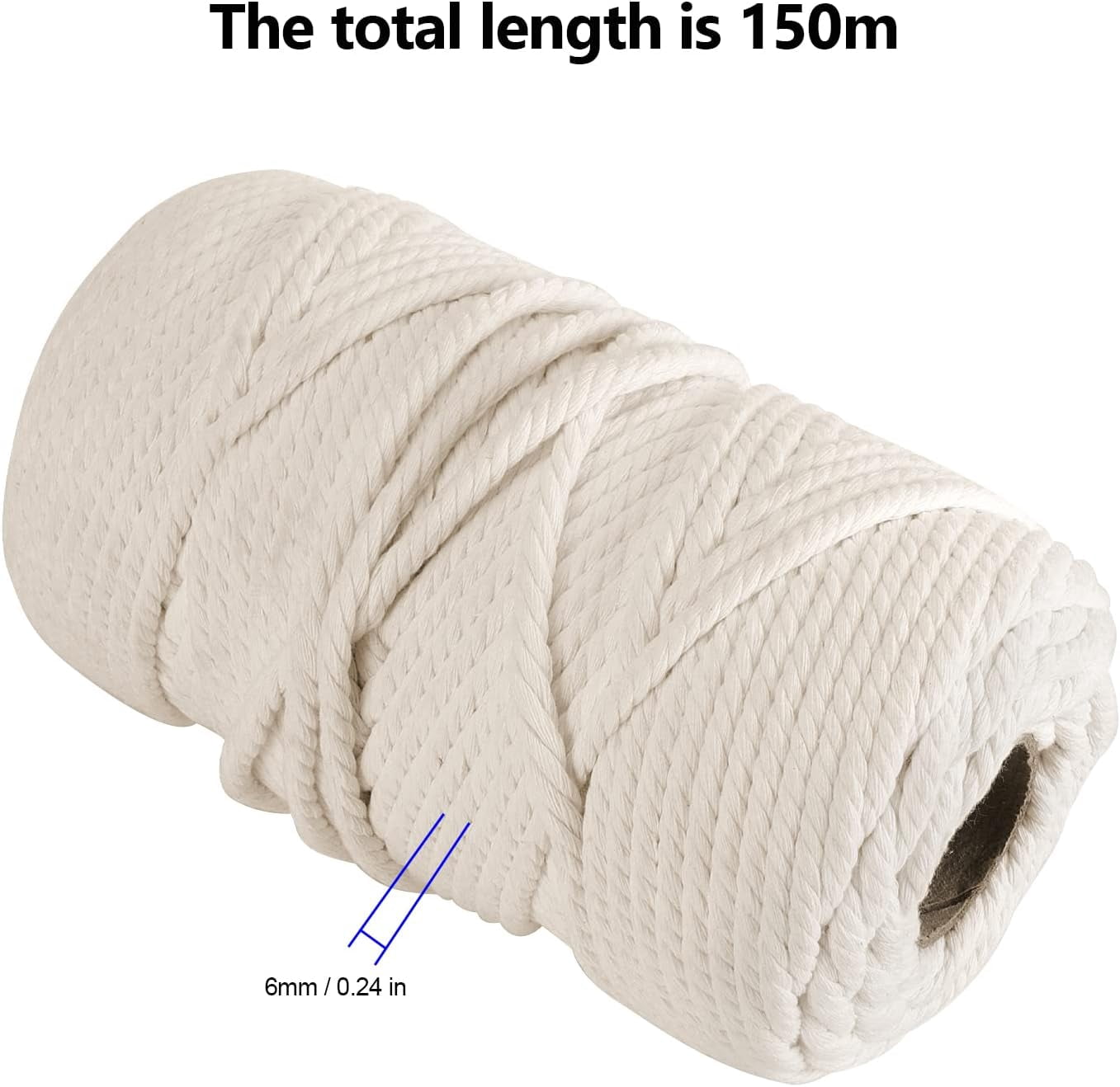 Natural Macrame Cord 6 mm x 500Ft, 4 Strand Twisted Soft Cotton Cord, 1/4 Inch Cotton Rope for DIY Knitting, Plant and Clothes Hangers, Christmas Wedding Decoration, Nutural White