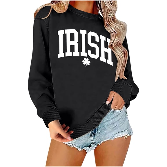hoksml Women's Crew Neck Long Sleeve Sweatshirt Irish Shamrock Print St. Patrick's Day Casual Pullover Top