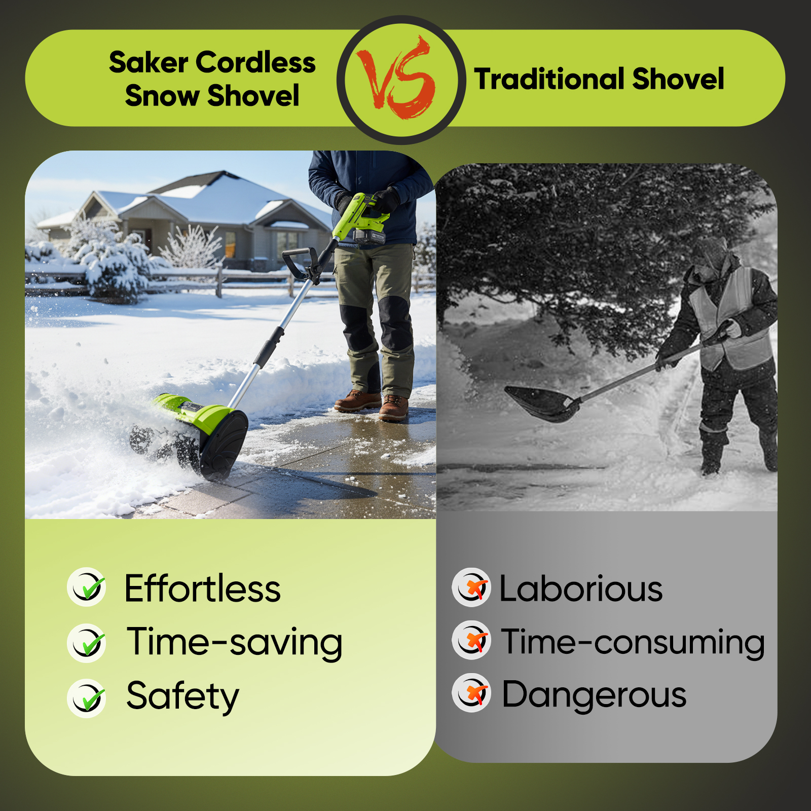 Saker 22V Cordless Snow Shovel, Electric Snow Shovel with 2x 5.0Ah Batteries, 12-Inch Cleaning Width, 6-Inch Cleaning Depth