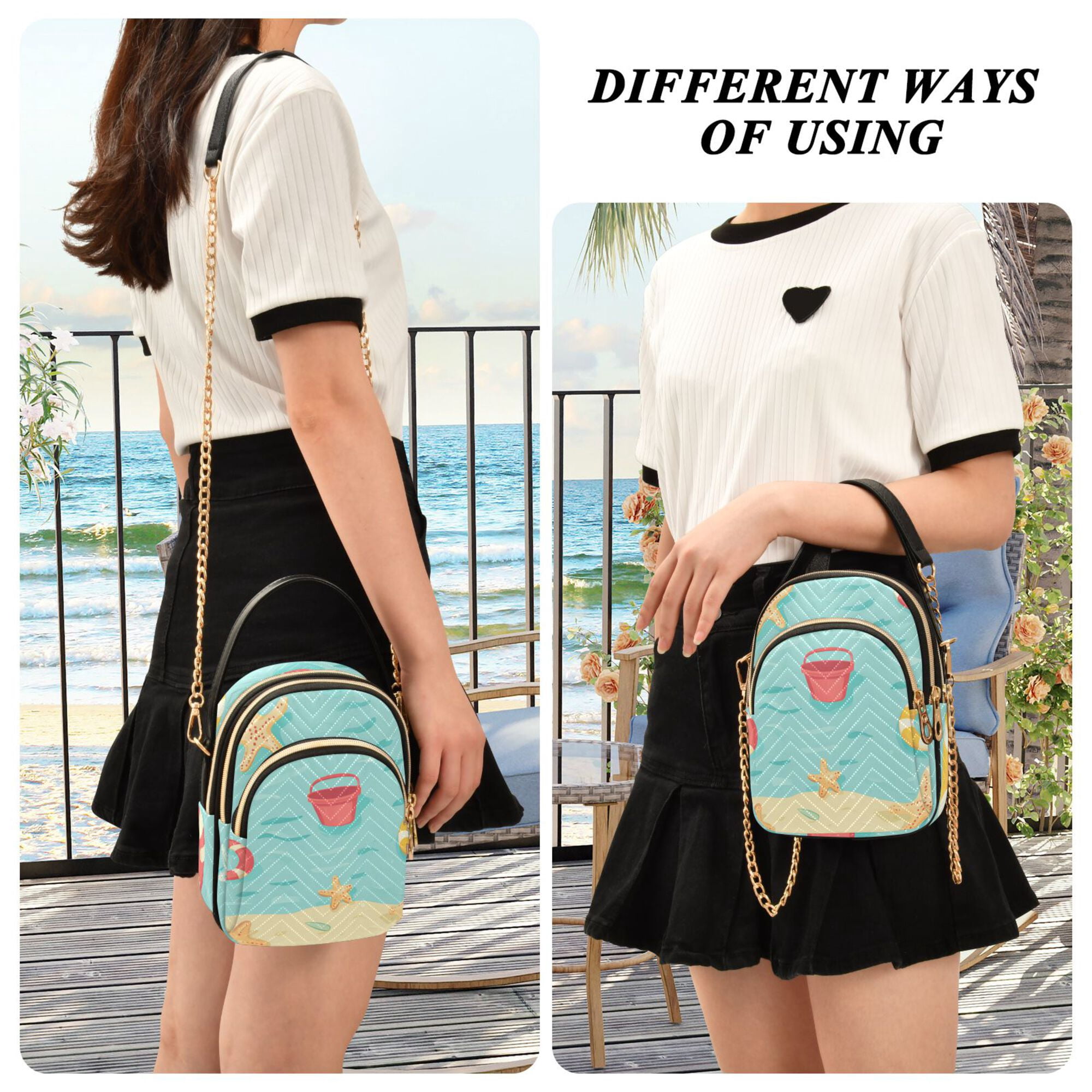 FORMRS Crossbody Bag for Women Quilted Travel Shoulder Cell Phone Purse with Chain Strap Handbag, Blue Beach Pattern
