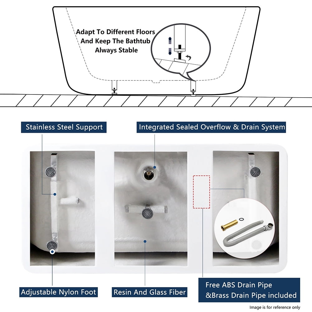 Kepooman 66" Acrylic Alcove Bathtub with Brushed Nickel Drain and Overflow Hole, White Kepooman 66" Acrylic Alcove Bathtub with Brushed Nickel Drain and Overflow Hole, White
