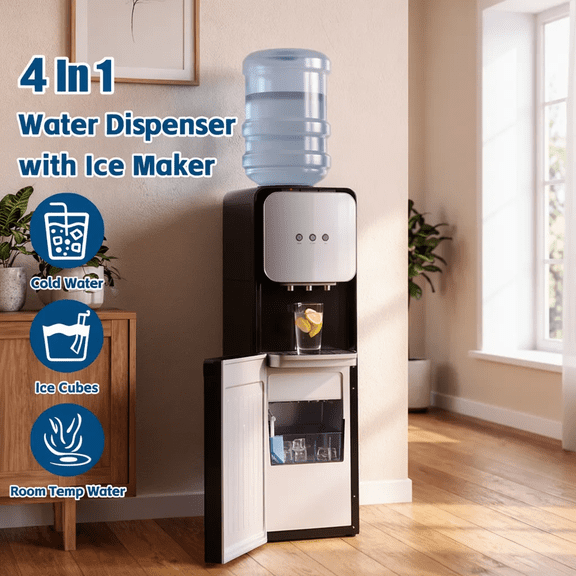 Advwin 4-in-1 Water Cooler Dispenser with Ice Maker, Hot & Cold Water, 33 lb Ice per Day, Ice Ready in 7 Minutes, Top Loading 3–5 Gallon, Child Safety Lock, Black/Silver