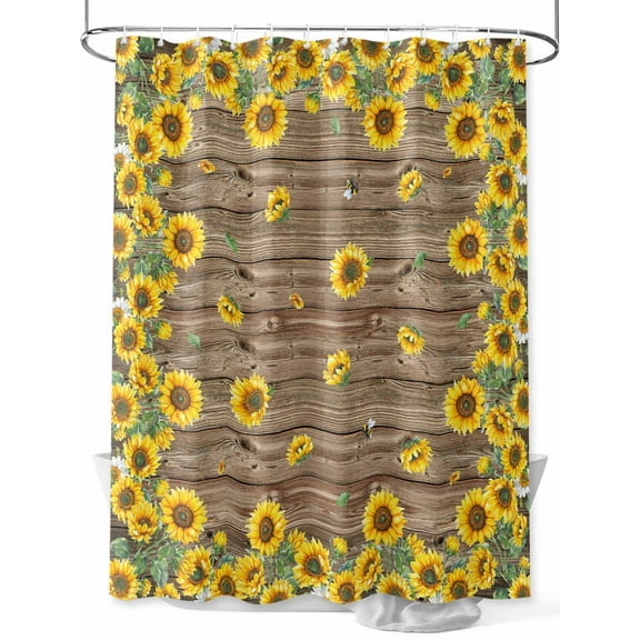 Farmhouse Sunflowers Floral Print Shower Curtain, Brown Wood Texured Bathroom Decor Curtains Set with Hooks, Waterproof Fabric Home Accessories, Stall 36 X 78 Inch