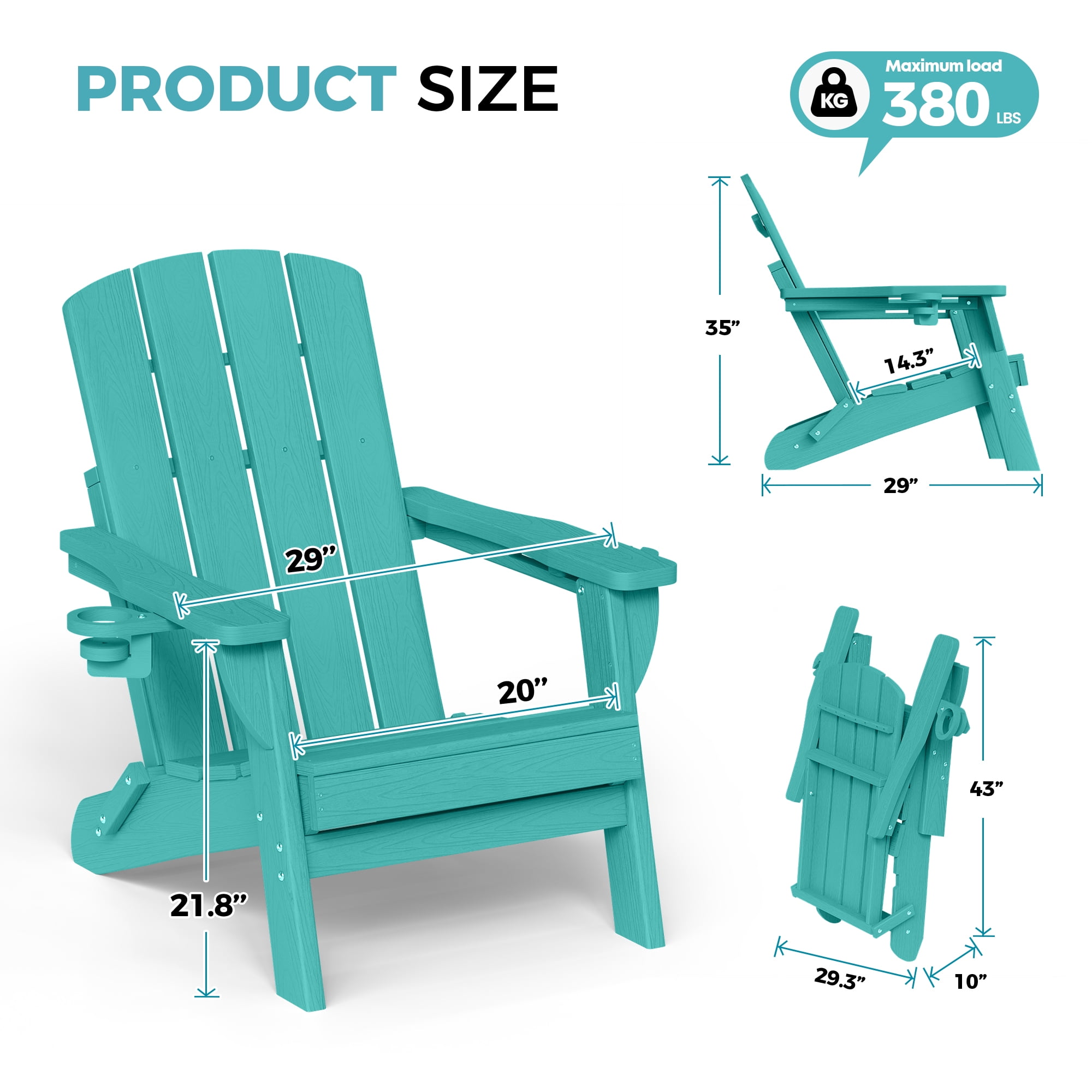 Adirondack Chair Set of 4, Outdoor Folding All-Weather HDPE Adirondack Chairs with 2 Cup Holders for Patio, Aqua