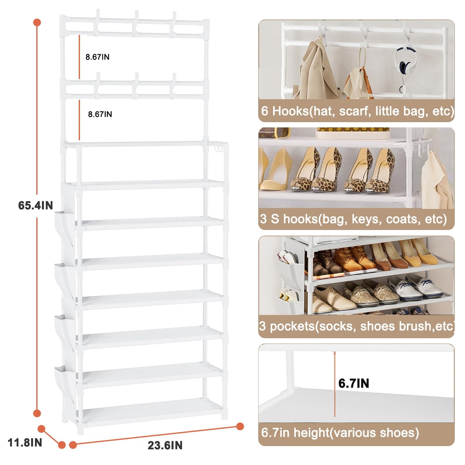 Shoe Rack 7 Tier Organizer Storage 21-28 Pairs Closet Shoes For Front Door Entrance With Hooks Side Pocket Entryway Large Capacity Shelf Tower Garage