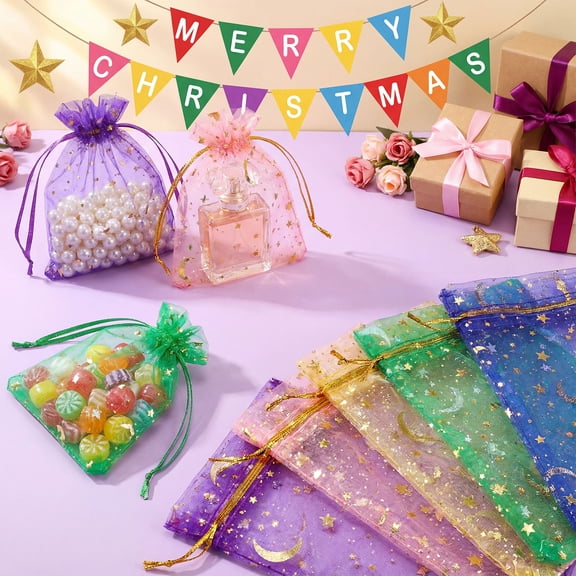 120 pcs Moon Star Organza Bags Random Color 4.72x3.54 Inch for Party Jewelry