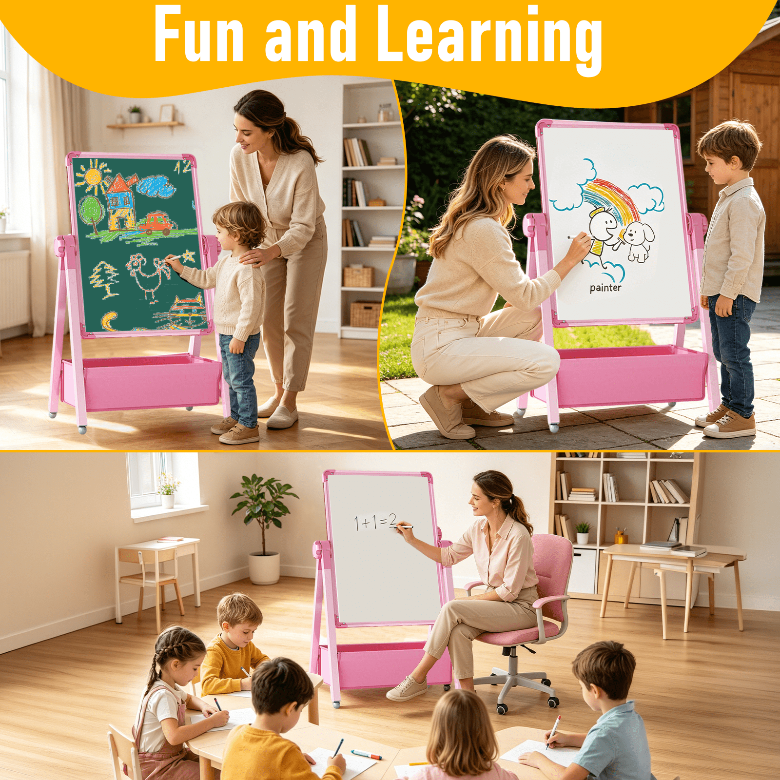 Art Easel for Kids, Double Sided Magnetic Kids Easel, Adjustable 360°Rotating Whiteboard & Chalkboard for Boys and Girls, Pink