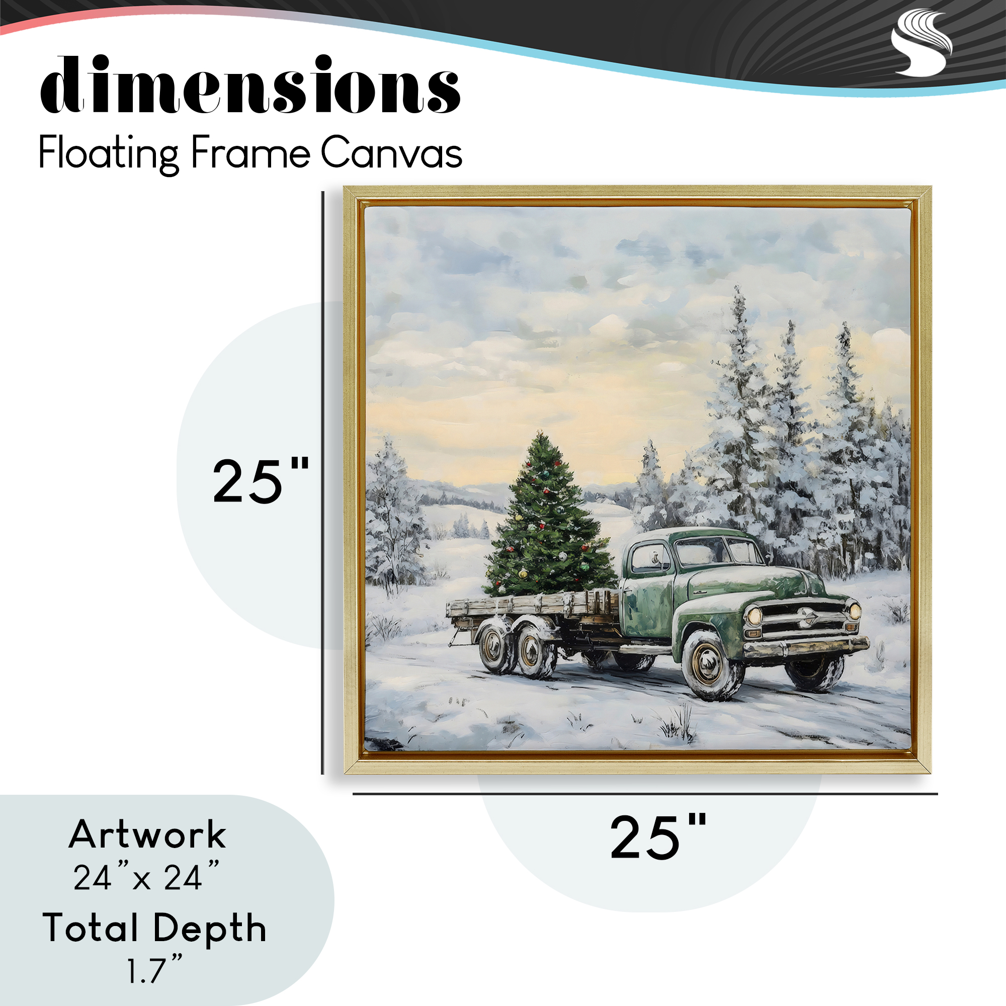 Green Christmas Tree Truck Gold Framed Floater Canvas Wall Art, design by Petal Prints Design