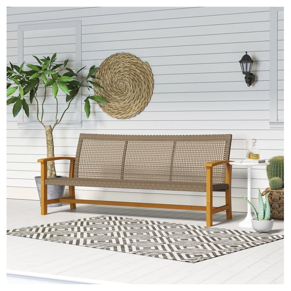 3-Seat Wicker Outdoor Sofa, Teak Acacia Wood Patio Couch, 1000 LBS Capacity Steel Frame, All-Weather Patio Furniture