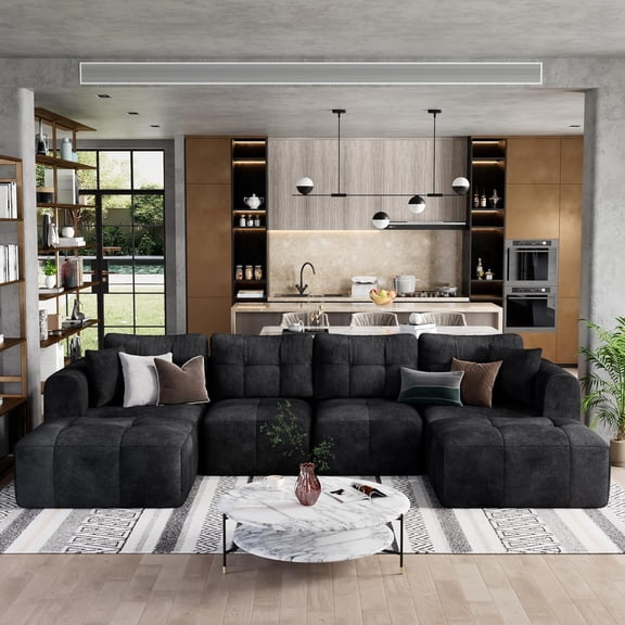 ChVans 140" U-Shaped Sectional Sofa with Convertible Left/Right Ottoman, Boneless Sofa with Oversized Chaise & Layered Cushion, Upholstered Couches for Living Room Bedroom, No Assembly