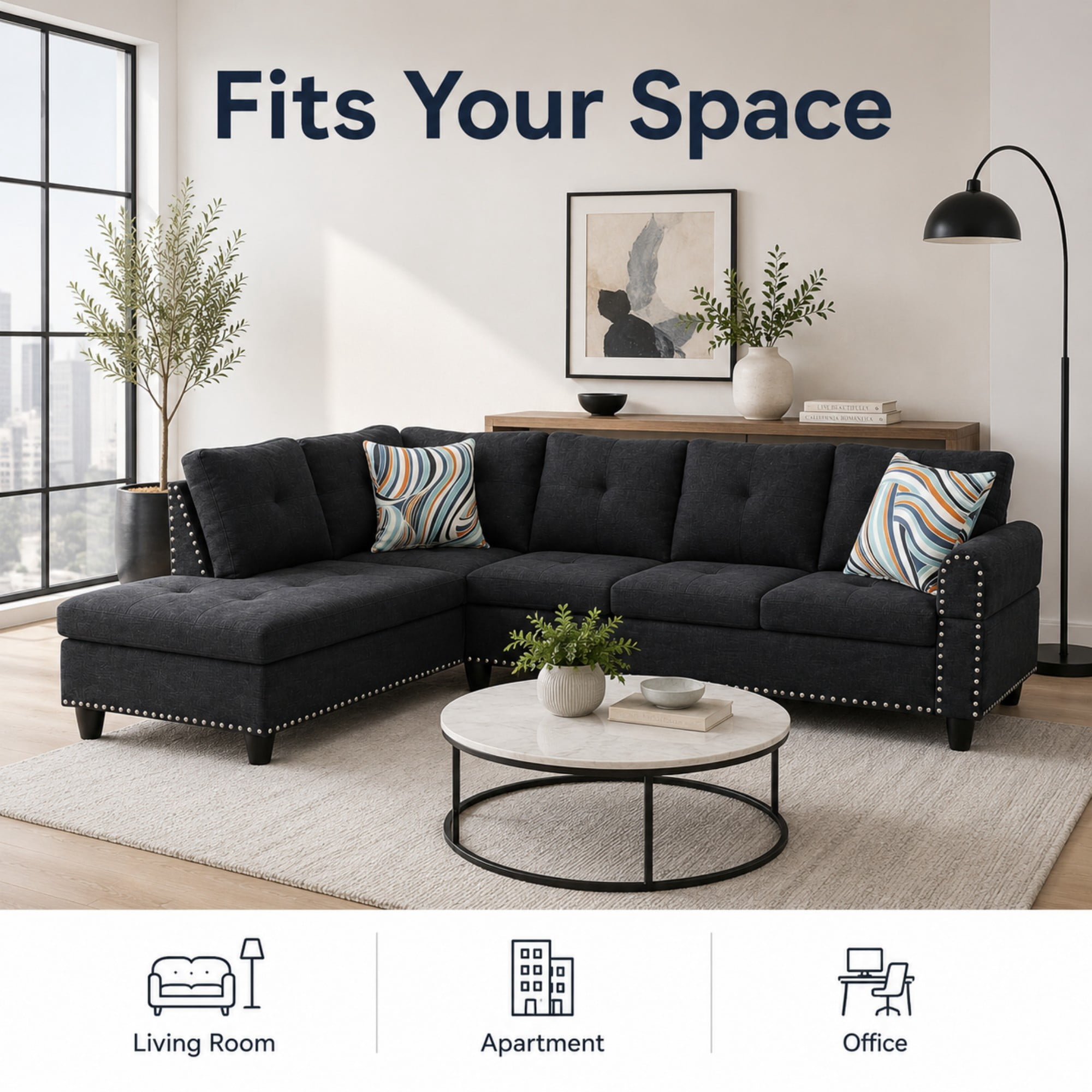 Momspeace 3 Piece Sectional Sofa with Cup Holder, 98" Linen L-Shaped Sofa for Living Room, Black