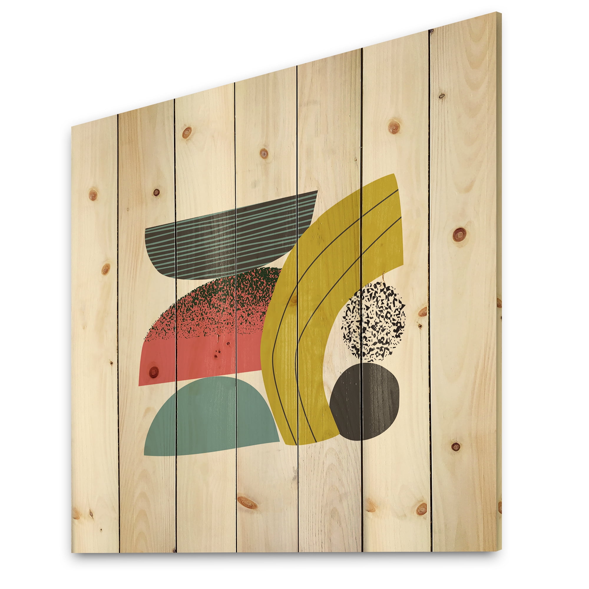 Designart 'Abstract Colorful Geometric Art Collage II' Modern Print on Natural Pine Wood