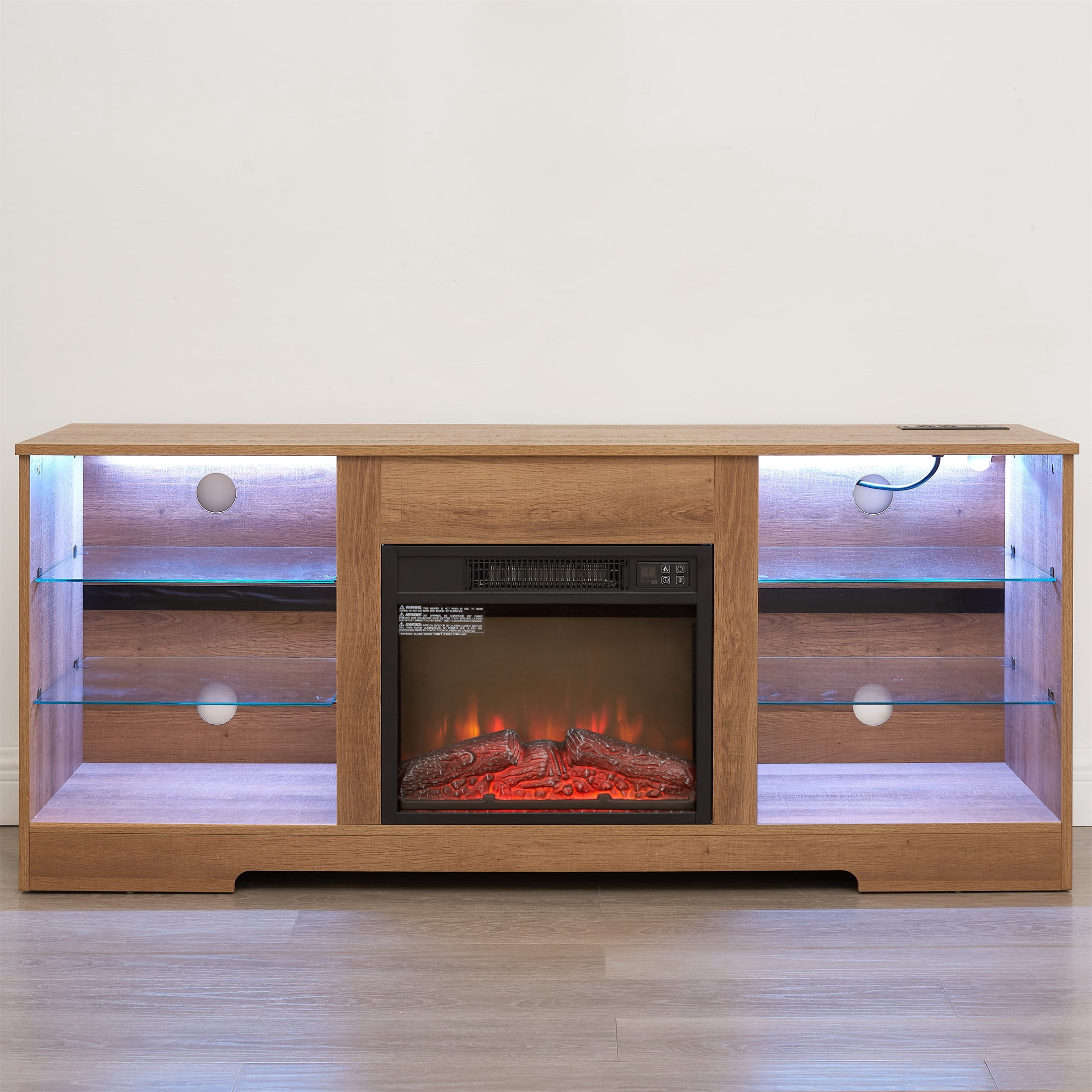 SESSLIFE Fireplace TV Stand, 58" LED Light Entertainment Center with Adjustable Flame Fireplace, Power Outlets & Shelves, Remote & App Control, TV Stand with Fireplace for Living Room, Oak