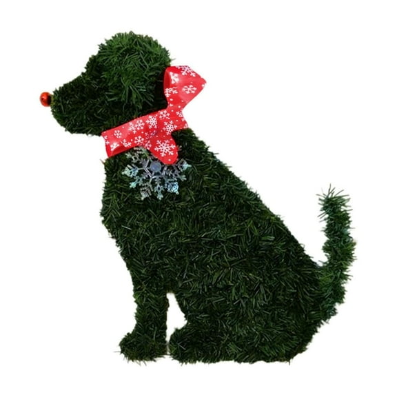 Christmas Puppy & Cat Shaped Wreath with Red Bow, Cute Dog Wreath with Snowflake Sign Ornament, Xmas Pet Wreath for Front Door Holiday Year Round Full Green Doggy Wreaths Garden Home Party Decor