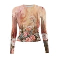 thumbnail image 4 of bbyeadc Pink Long Sleeve Shirts for Women Casual Floral Print Going Out Tops Spring Fall Winter Round Neck Strechy Tight Clothes Pullover, Pink L, 4 of 5