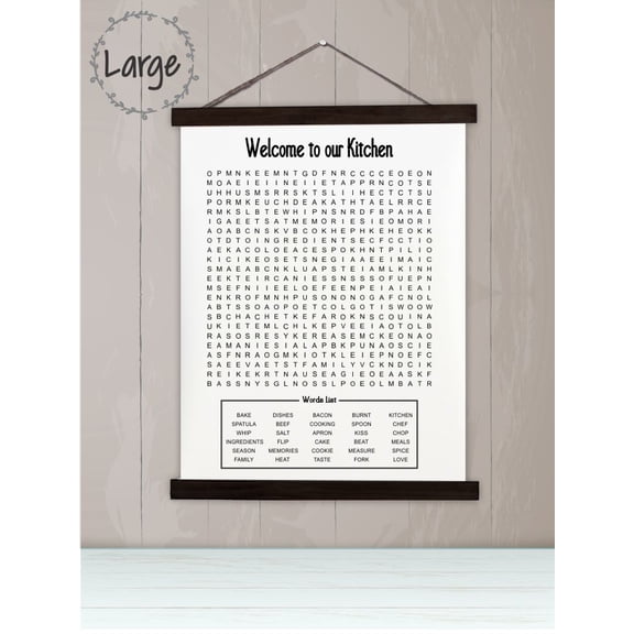 Black Wood, Canvas Sign, Kitchen Decor Word Search Puzzle Art Print, Lightweight Ready to Hang Wall Hanging, 19x24-Inch