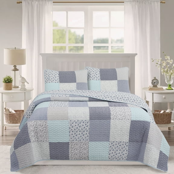 Cozy Line Subtle Blue Checker Cottage Floral Stripe Cotton 3 Piece Patchwork Quilt Bedding Set