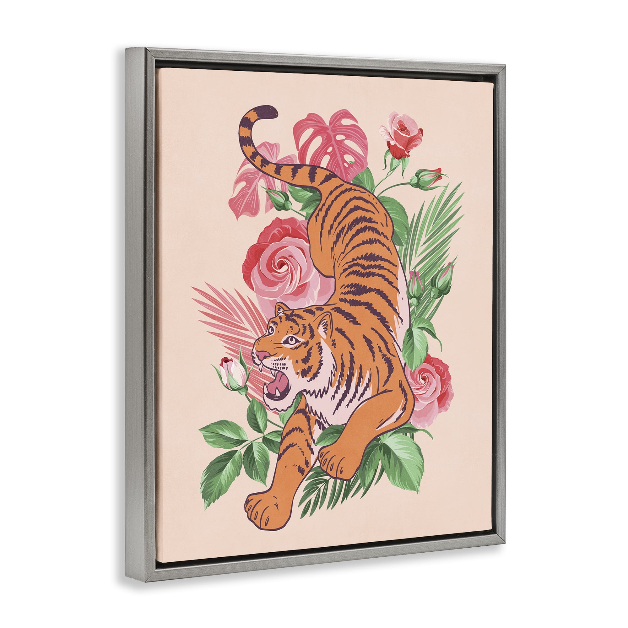 Stupell Industries Tiger & Tropical Roses Animals Painting Gray Floater Framed Canvas Art Print Wall Art, 17 x 21
