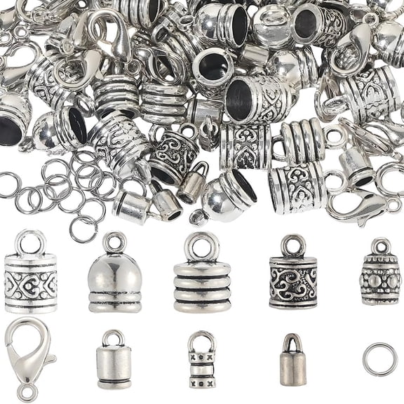 1 Box 230pcs Silver Cord End Kumihimo Bracelet Ends Silver Alloy Metal Glue In Crimp Tassel Leather Cord String End Caps with Lobtser Clasp And Jump Ring DIY