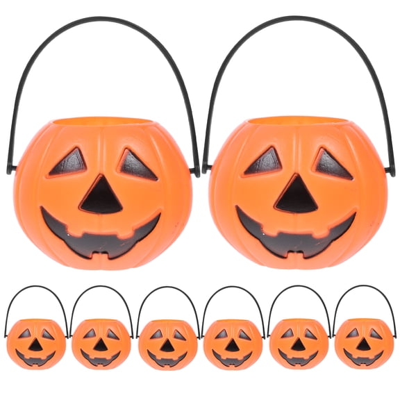 8 Pack Orange Portable Pumpkin Candy Bucket Halloween Trick Or Treat Pail Holder Multifunctional Desktop Candle Holder Decor