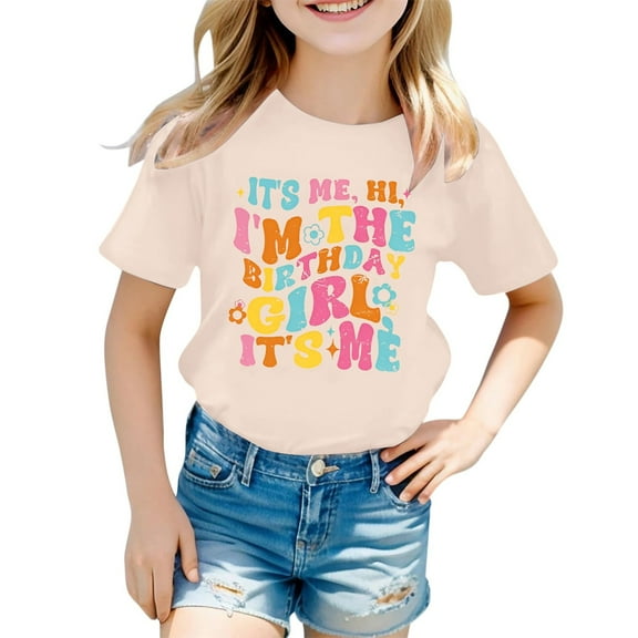 Kndvns Girls Fashion Casual Letter Round Neck Short Sleeved T Shirt Top2 Casual Beige 4-5 Years