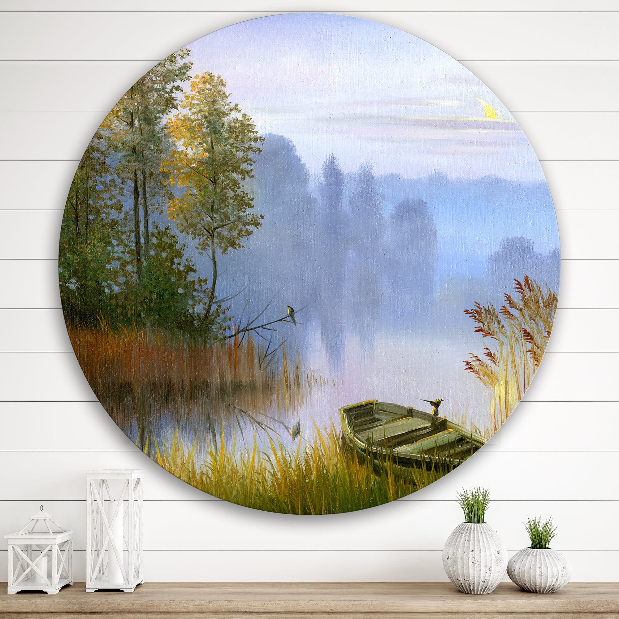 Designart 'The Bank Of The Lake With The Boat' Traditional Circle Metal Wall Art 29x29 - Disc of 29