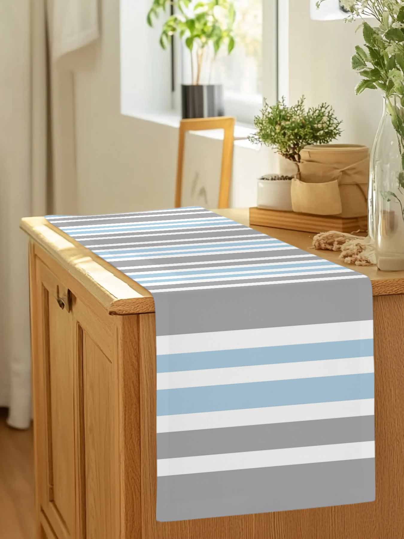 Classic Vertical Stripes Table Runner 90 Inches Long, Grey Blue White Table Runners Tabletop Scarf Kitchen Dining Tables Decoration for Home Party Indoor Outdoor