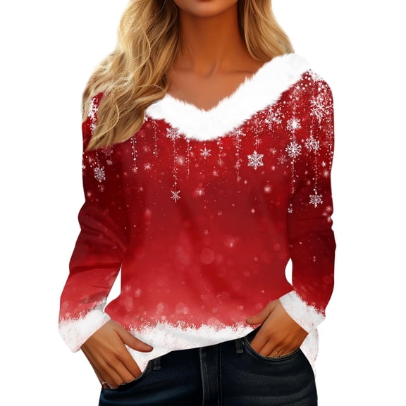 Women'S Petite Tops V Neck Long Sleeve Christmas Theme Loose Womens Tee,Red,S