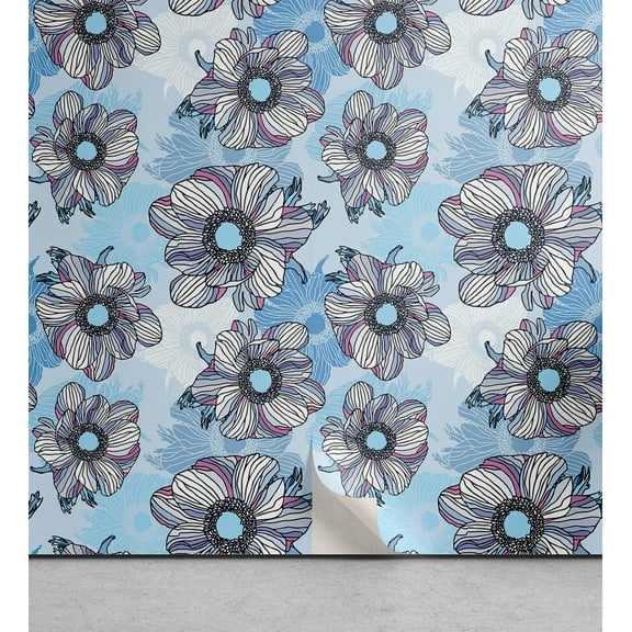 Ambesonne Floral Peel & Stick Wallpaper for Home, Striped Colorful Flowers Art, 13"x36", Pale Azure Blue and Pink