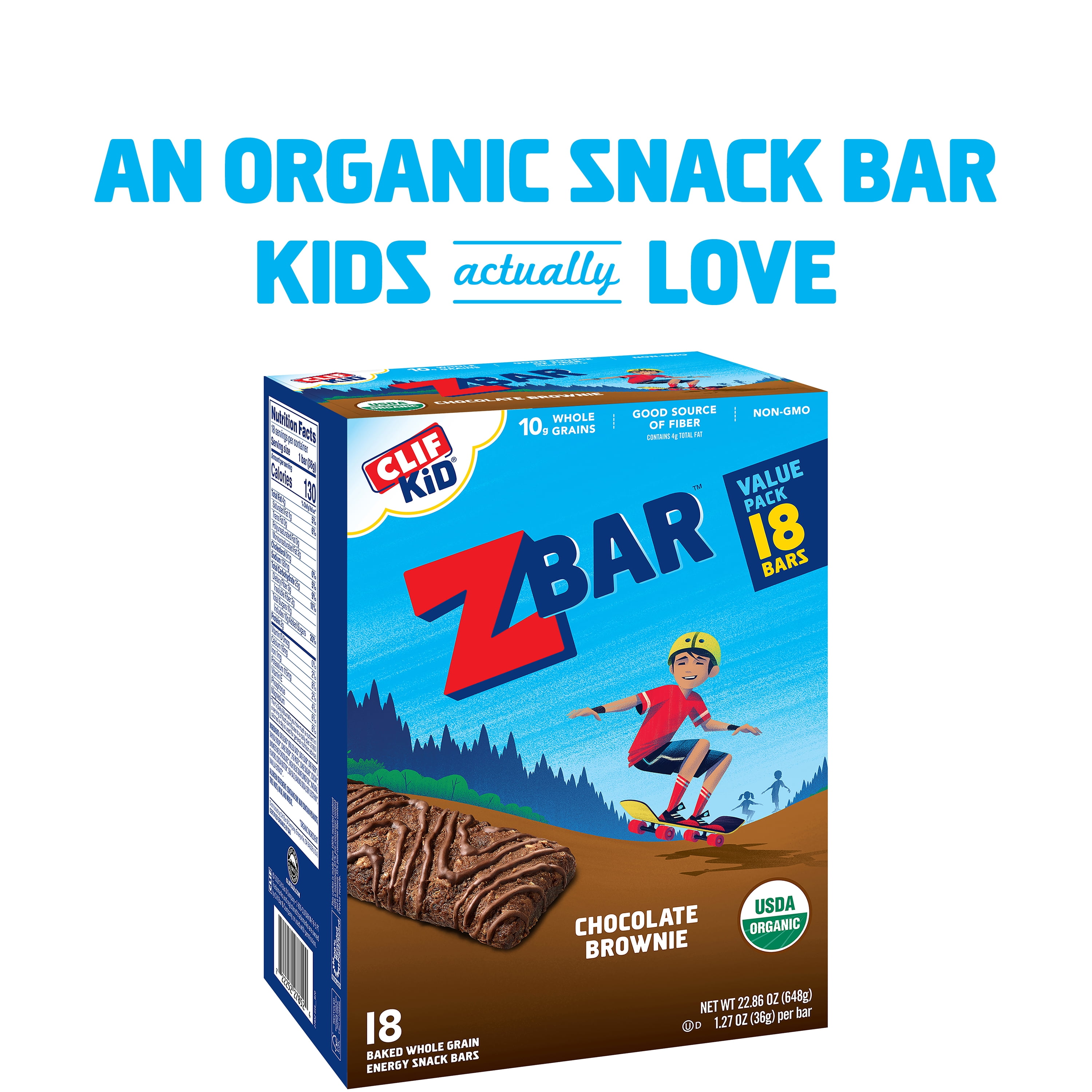 Clif Kid ZBar, Chocolate Brownie, 18 Energy Bars, 1.27 Oz each, Organic