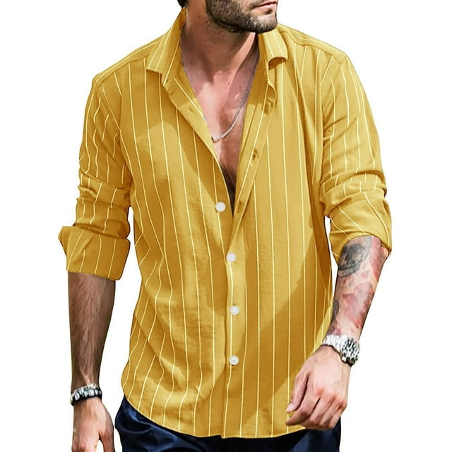MAWCLOS Mens Single Breasted Striped Blouse Vacation Long Sleeve Tops Yellow XL