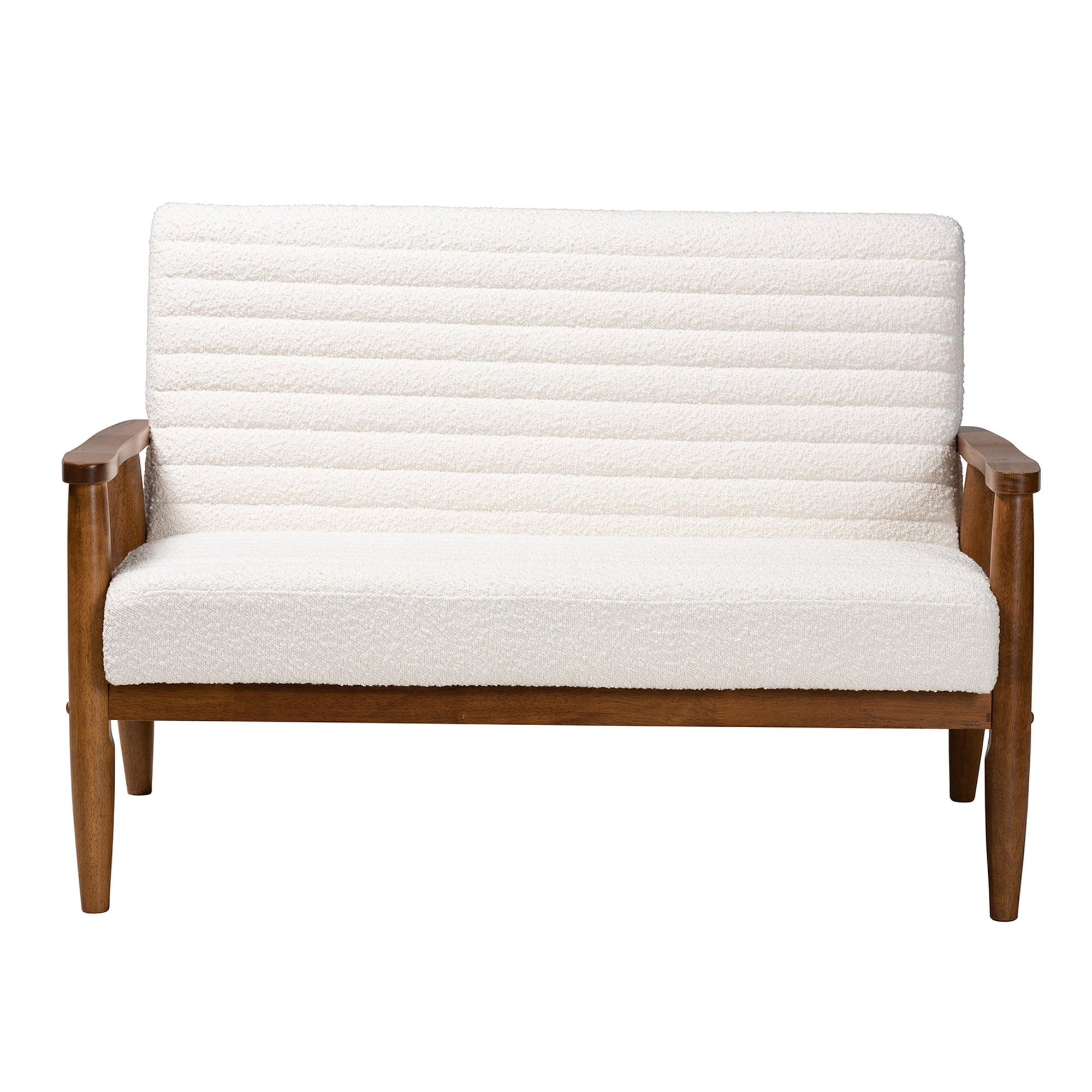 Baxton Studio Stratton Mid-Century Modern Cream Boucle Fabric and Walnut Brown Finished Wood Loveseat