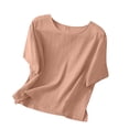 thumbnail image 4 of Vestidos Casuales Para Mujer, Blusas De Mujer De Moda Blusa de mujer de color liso de imitación de lino con hombros descubiertos, manga corta, cuello redondo y dobladillo con abertura, 4 of 5