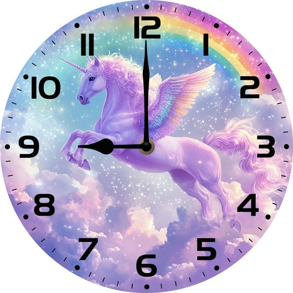 Soliyoahee Rainbow Unicorn Wall Clock 10inch Wooden Round Silent Non-Tick Home Kitchen Decor Battery Operated for Bathroom Bedroom Living Room Office