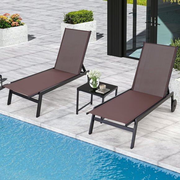 Yoleny Patio Lounge Chair with Wheels, Outdoor Lounge Chairs Set of 2 with Adjustable Backrest, Waterproof Textilene Pool Lounge Chairs with Side Table for Patio Poolside Deck, Brown