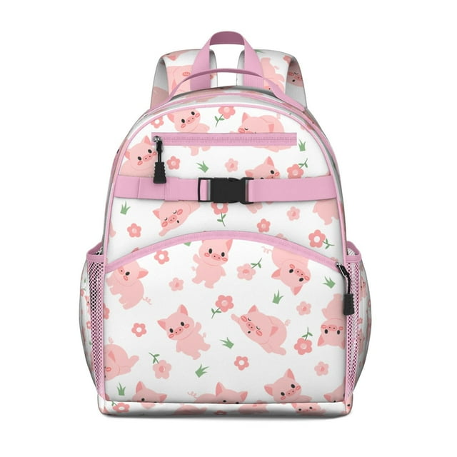 Cute Pig Cartoon Backpack Adorable Farm Animal Print with Watercolor Floral Design for Toddlers