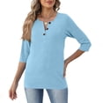 thumbnail image 5 of Qwertyu Womens Tops 3/4 Length Sleeve V Neck Loose Casual Button T Shirts Summer Basic Tees Light Blue M, 5 of 5