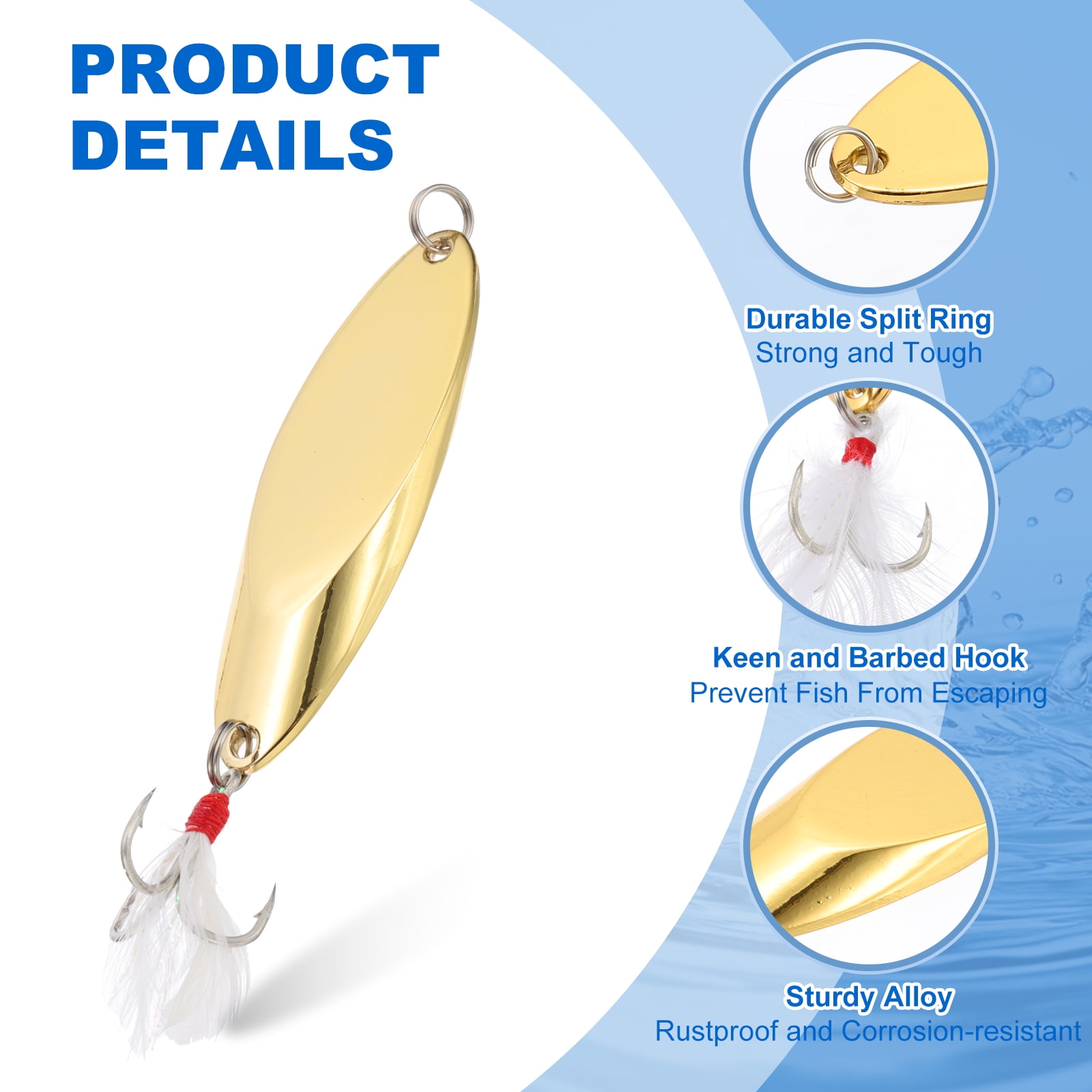 Uxcell Fishing Spoons, 10 Pcs 9/10 oz Fishing Lures Casting Spoon Treble Hooks Jigs Hard Metal Spinner Baits for Freshwater Saltwater Salmon, Gold Tone