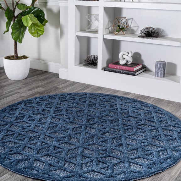 JONATHAN Y IBIZA 5' Round Area Rug, Talaia Neutral Geometric - Navy, IBZ102B-5R