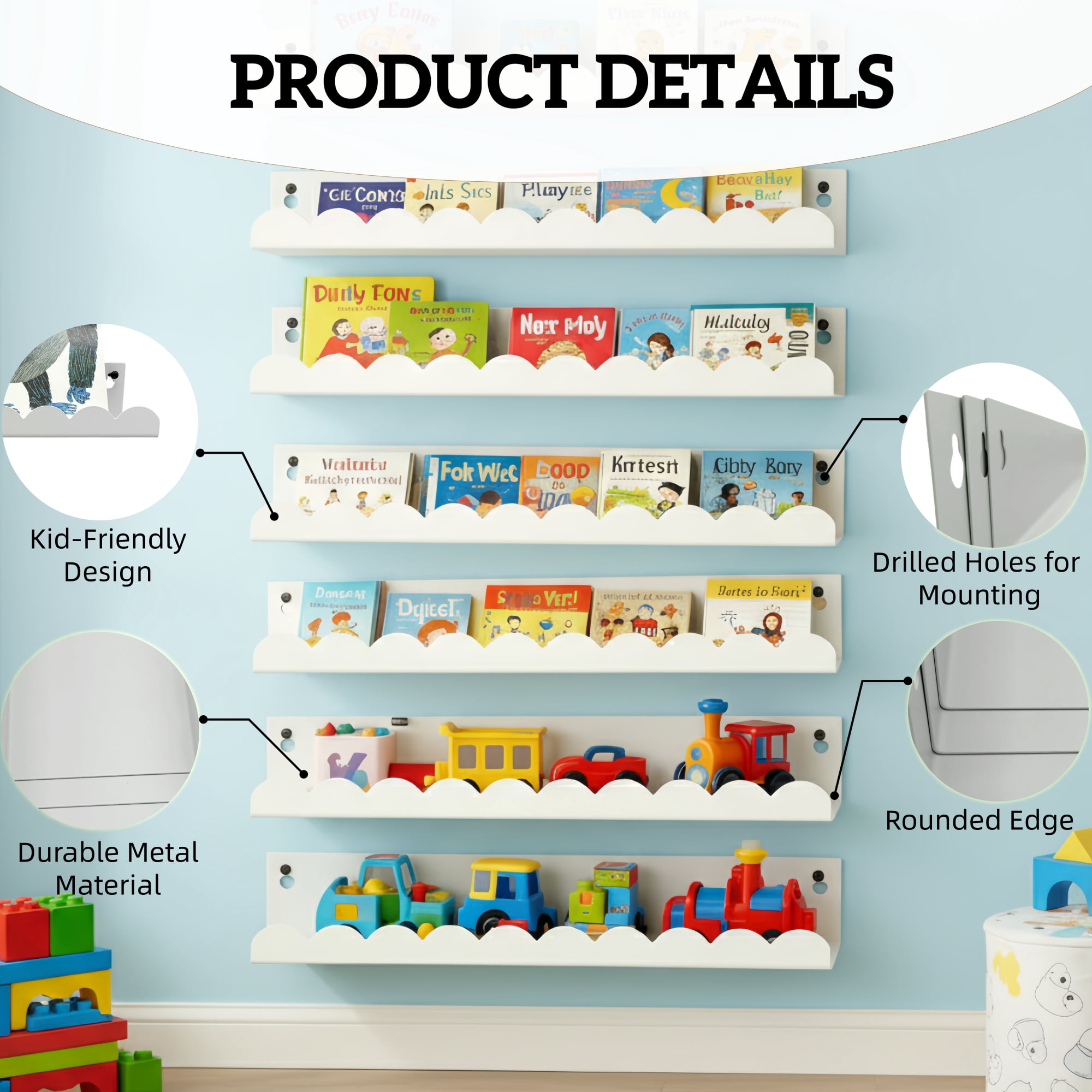 6-Piece White Nursery Book Shelves,  Metal Floating Shelves for Wall, 16 Inch Scalloped Book Shelf for Kids Room, Bathroom, Bedroom, Playroom Wall Decor(6 Count)