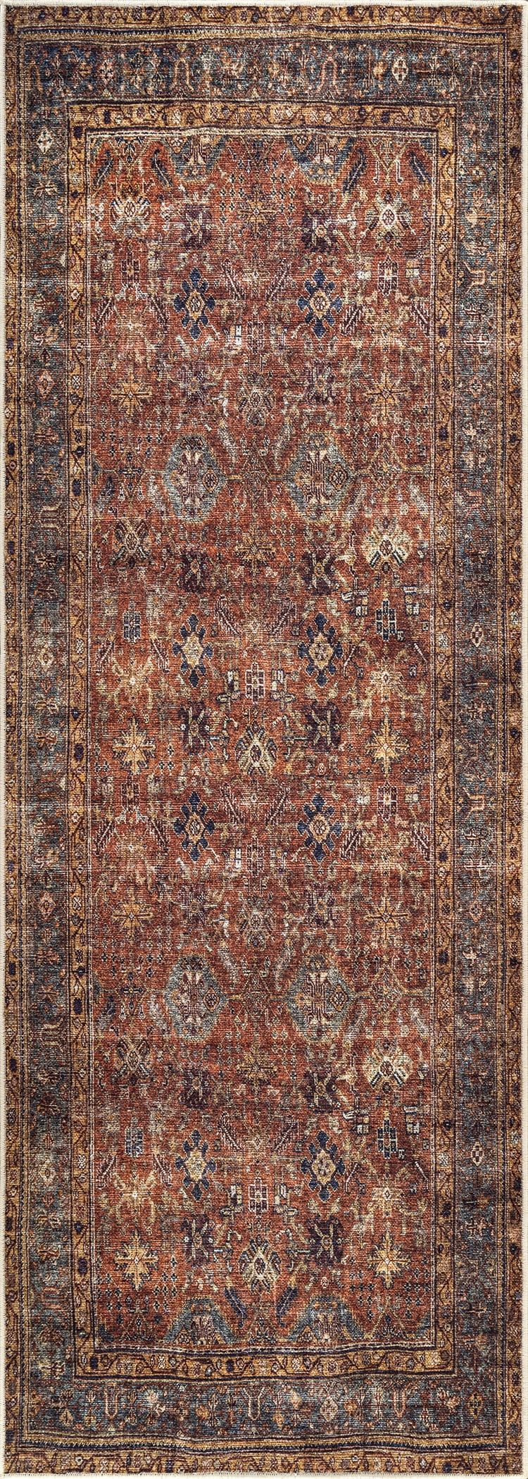 Bloom Rugs Washable Non-Slip 7 ft Runner - Terracotta / Mustard Traditional Oriental Runner for Entryway, Hallway, Bathroom, and Kitchen - Exact size: 2.5' x 7'