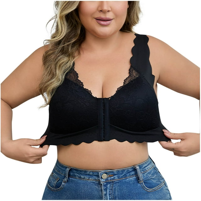 Bras for Women Underwear for Women Front Button Plus Size Lace Gathered Rimless Solid Bra
