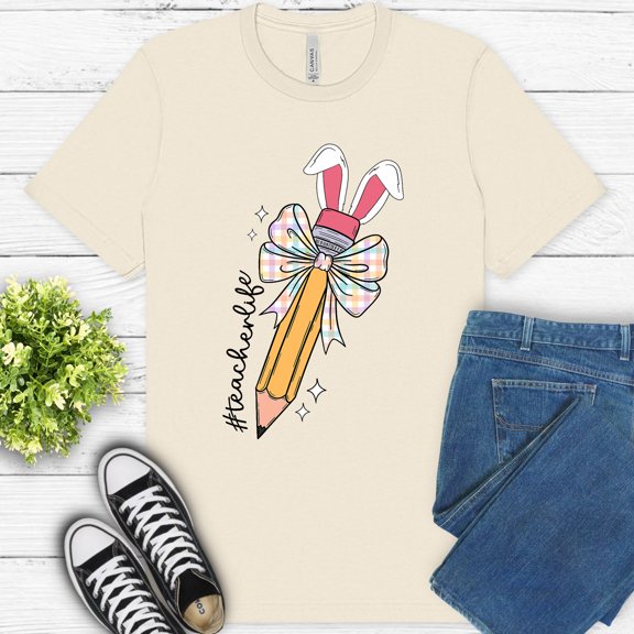 Bunny Pencil Teacherlife T-Shirt | Cute Teacher Spring Graphic Tee, Natural, S