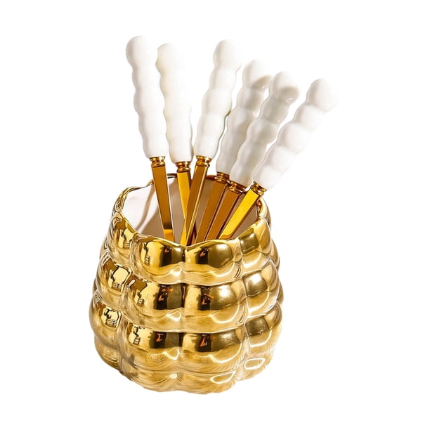 Juego de tenedor y cuchara para frutas, lindos palillos para frutas, cucharas con frasco de almacenamiento de cerámica para Oro