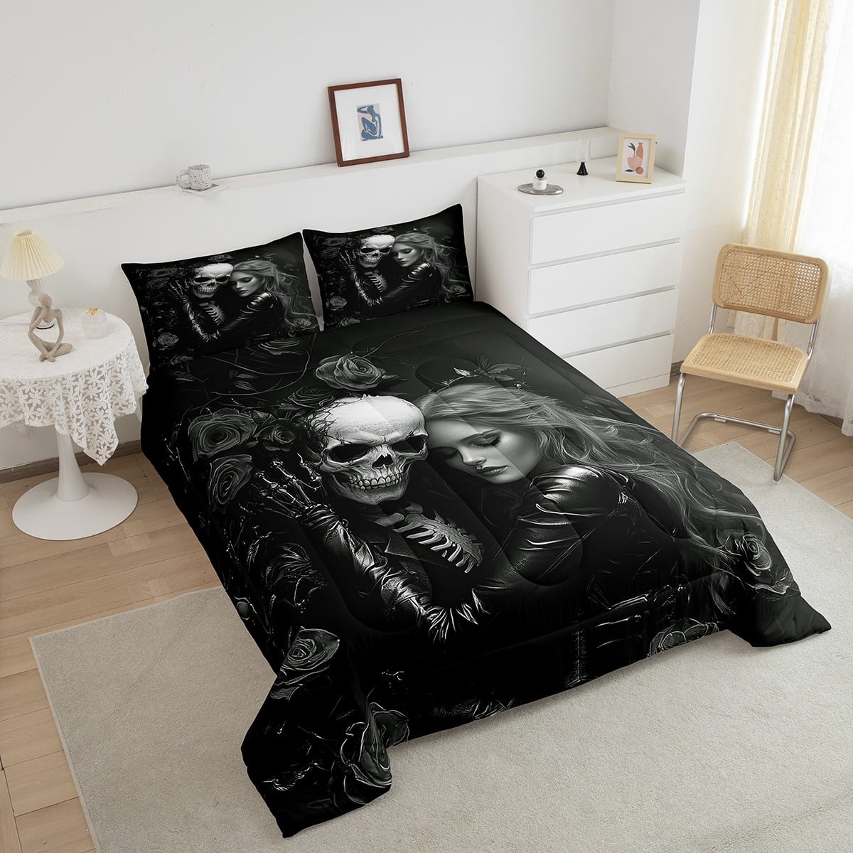 Black Valentines Day Queen Comforter Set,3D Sugar Kiss Skull Bedding Set,Gothic Rose Floral Bedding Comforter Sets,Skull and Love Duvet Insert Valentine'S Day Gift Decor