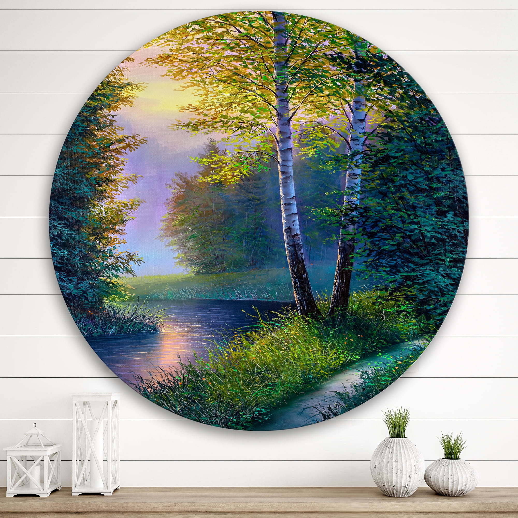 Designart 'Sunrise Glow Through The Birch Forest' Lake House Circle Metal Wall Art 36x36 - Disc of 36