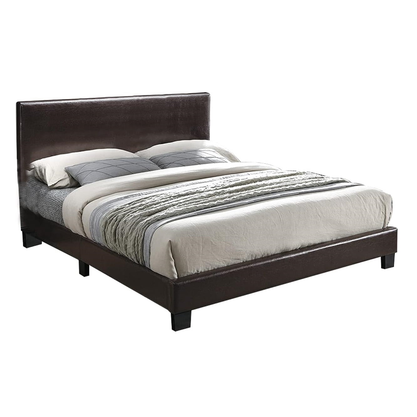 Bed Frame Modern Brown 1pc Queen Size Bed Faux Leather Upholstered Bedframe Bedroom Furniture Adjustable Headboard
