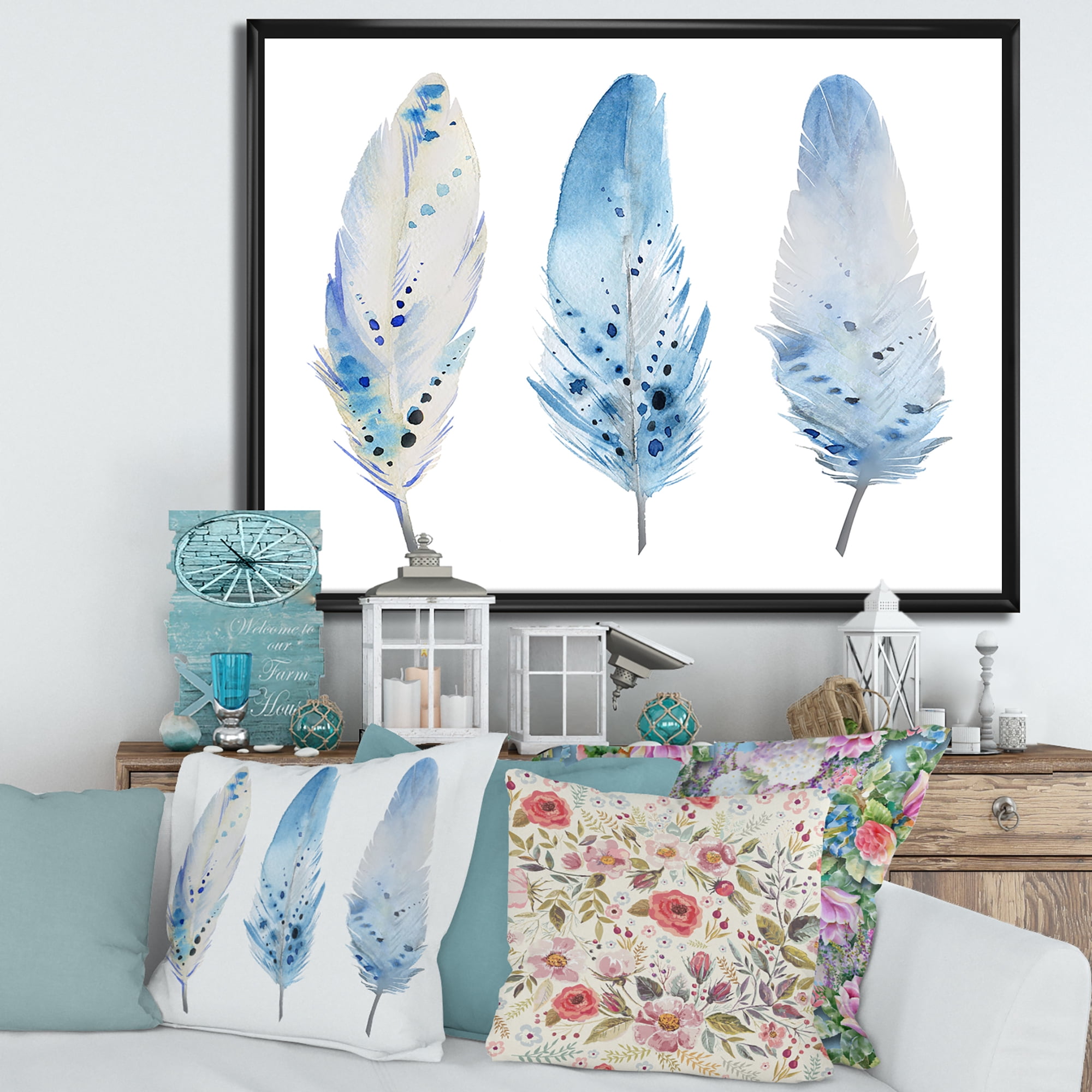 Designart 'Abstract Blue Boho Feathers II' Lake House Framed Canvas Wall Art Print