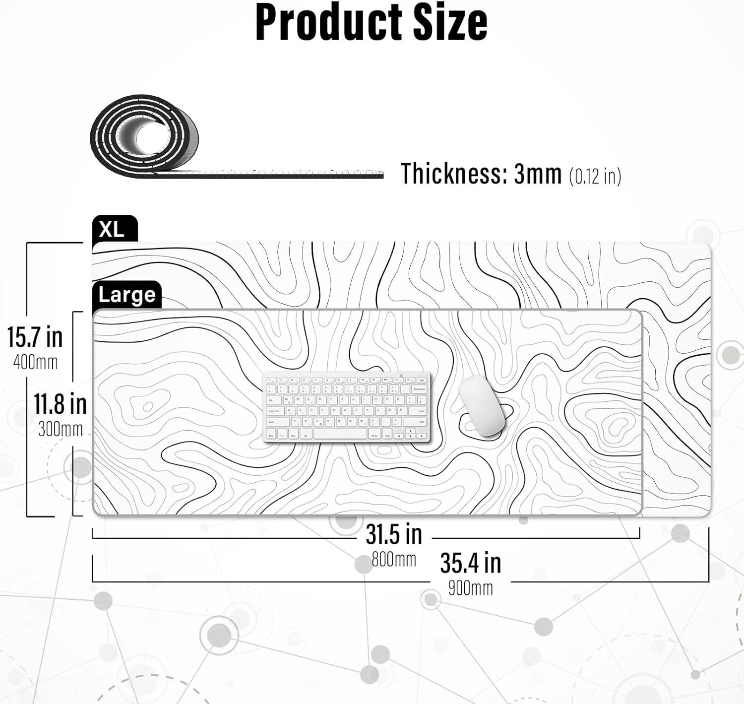 Large Gaming Mouse Pad with Stitched Edges, Minimalist Topographic Map Desk Mat, Extended XL Mousepad with Anti-Slip Base, Cool Desk Pad for Keyboard and Mouse, 35.4 x 15.7 in, White